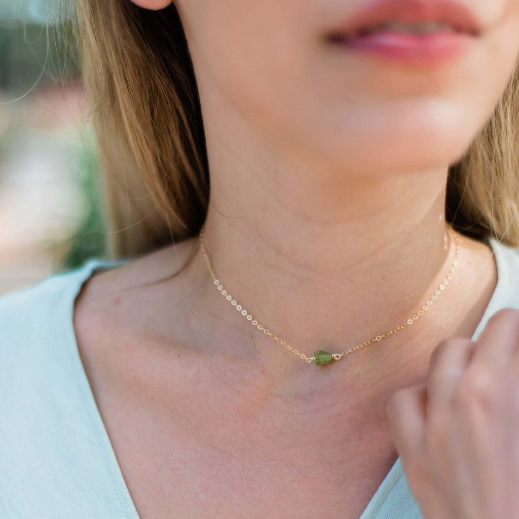 Tiny Raw Peridot Crystal Nugget Choker - Tiny Raw Peridot Crystal Nugget Choker - 14k Gold Fill - Luna Tide Handmade Crystal Jewellery
