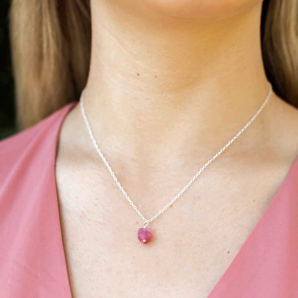 Tiny Raw Pink Tourmaline Pendant Necklace - Tiny Raw Pink Tourmaline Pendant Necklace - Sterling Silver / Cable - Luna Tide Handmade Crystal Jewellery