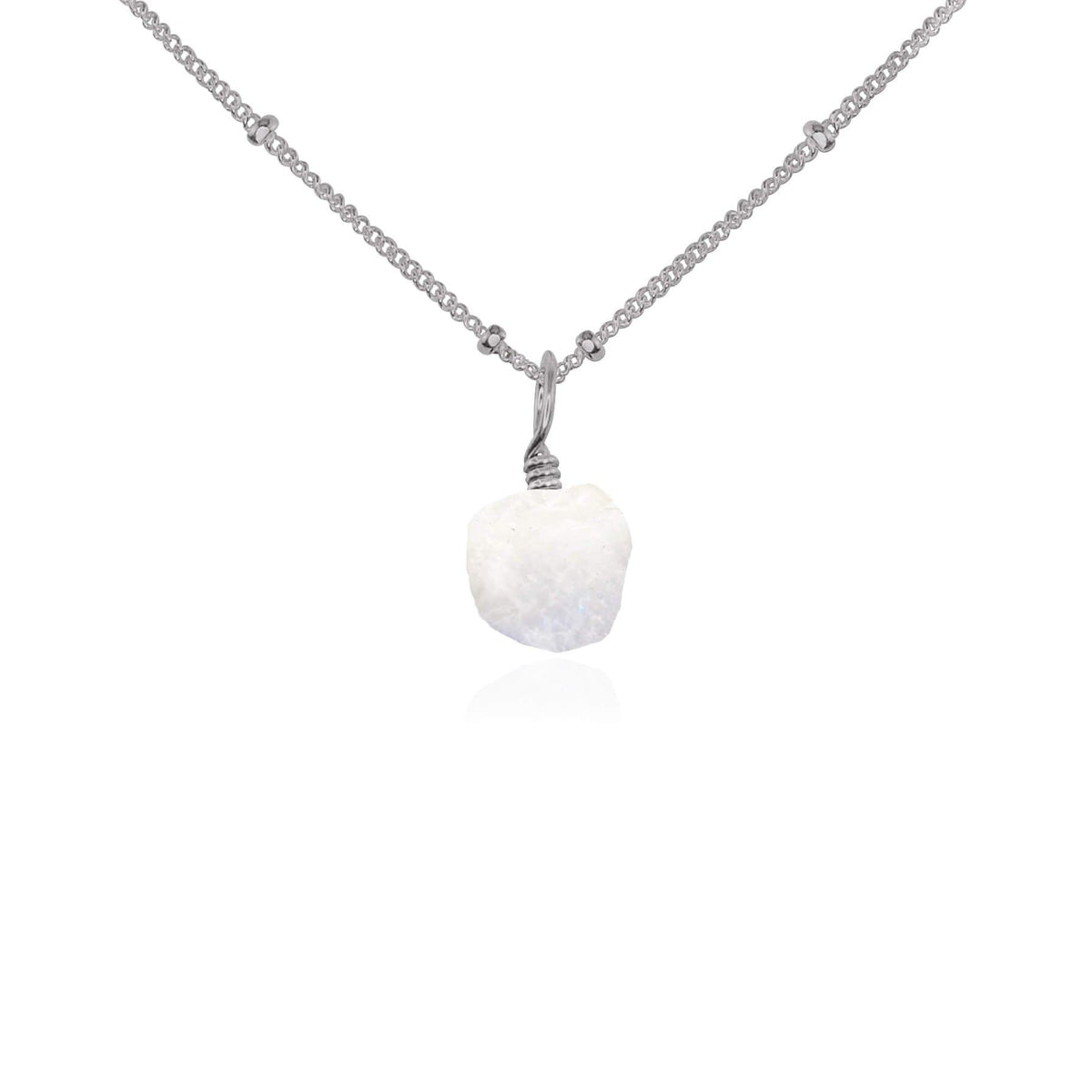 Raw Crystal Pendant Necklace - Rainbow Moonstone - Stainless Steel Satellite - Luna Tide Handmade Jewellery