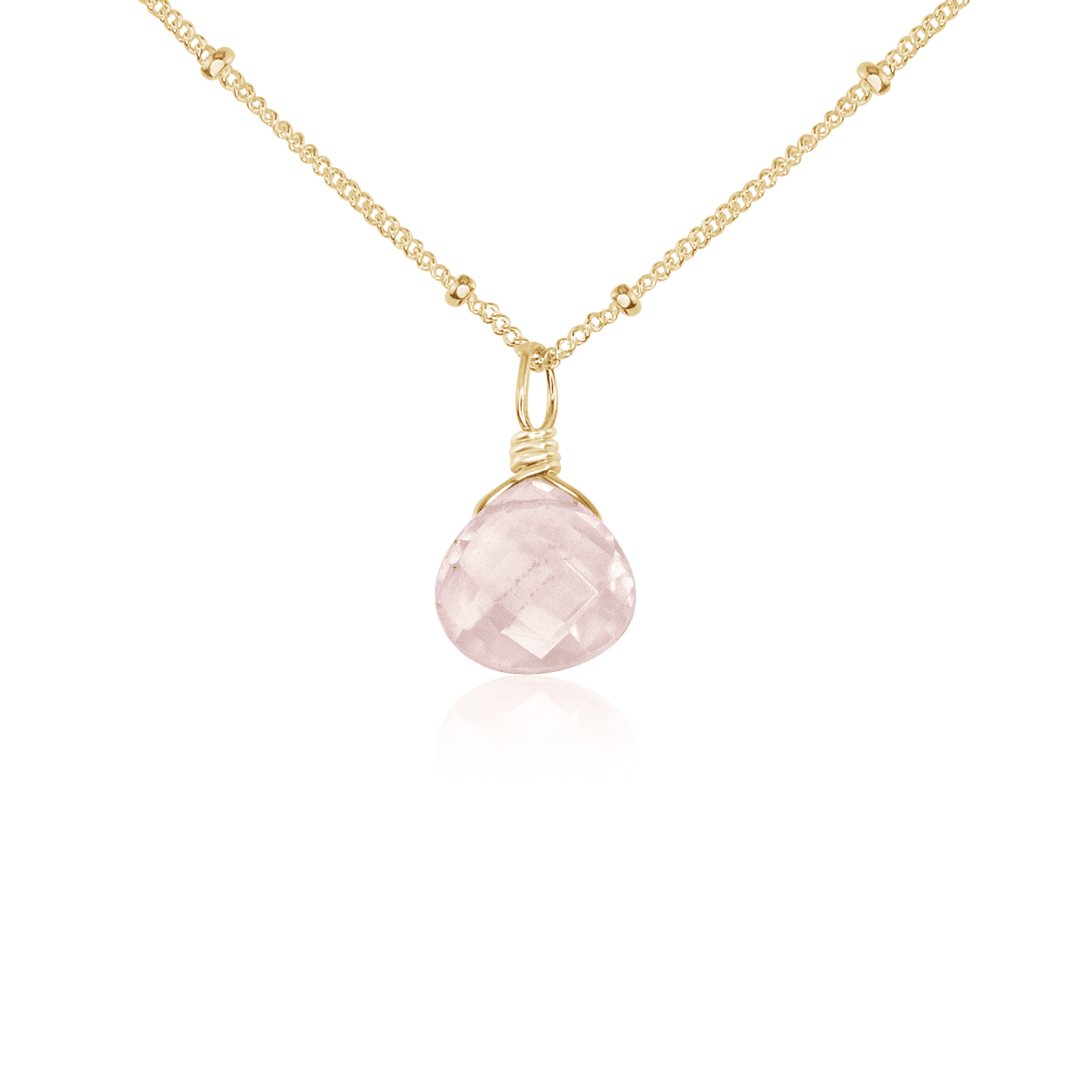 Tiny Rose Quartz Teardrop Crystal Necklace - Tiny Rose Quartz Teardrop Crystal Necklace - 14k Gold Fill / Satellite - Luna Tide Handmade Crystal Jewellery