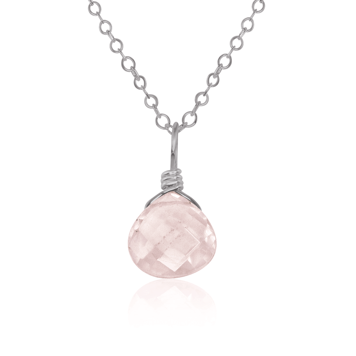 Tiny Rose Quartz Teardrop Crystal Necklace - Tiny Rose Quartz Teardrop Crystal Necklace - Stainless Steel / Cable - Luna Tide Handmade Crystal Jewellery