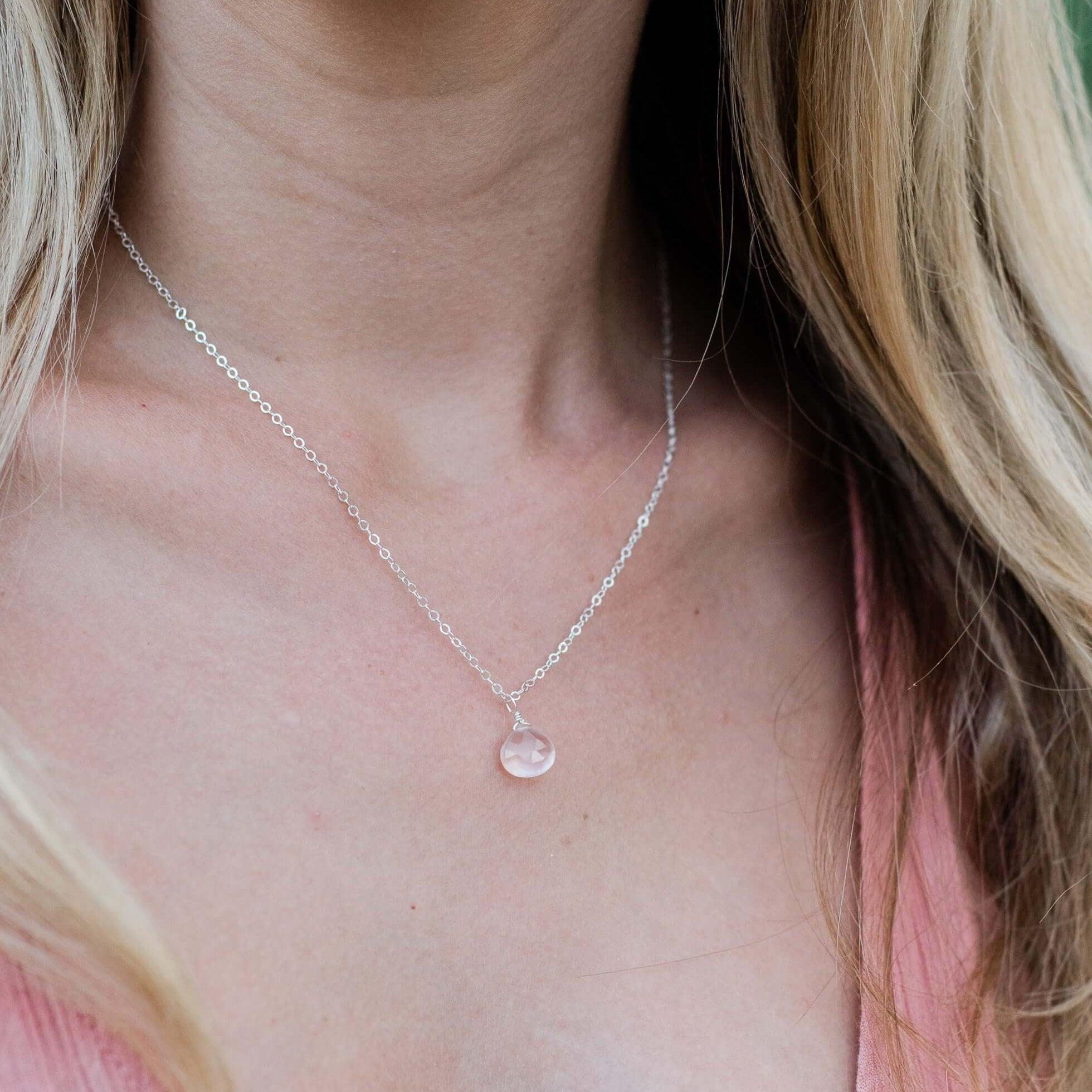 Tiny Rose Quartz Teardrop Crystal Necklace - Tiny Rose Quartz Teardrop Crystal Necklace - Sterling Silver / Cable - Luna Tide Handmade Crystal Jewellery