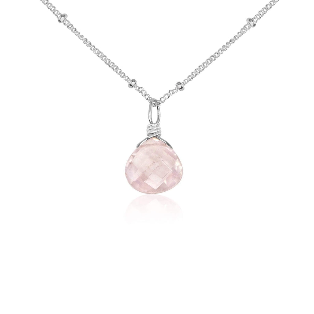 Tiny Rose Quartz Teardrop Crystal Necklace - Tiny Rose Quartz Teardrop Crystal Necklace - Sterling Silver / Satellite - Luna Tide Handmade Crystal Jewellery