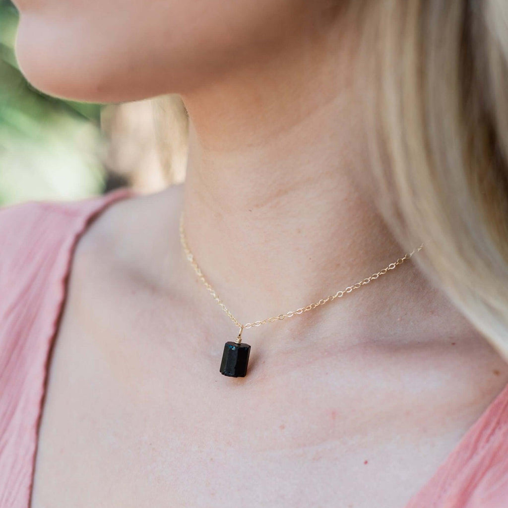 Tiny Rough Black Tourmaline Gemstone Pendant Choker - Tiny Rough Black Tourmaline Gemstone Pendant Choker - 14k Gold Fill / Cable - Luna Tide Handmade Crystal Jewellery