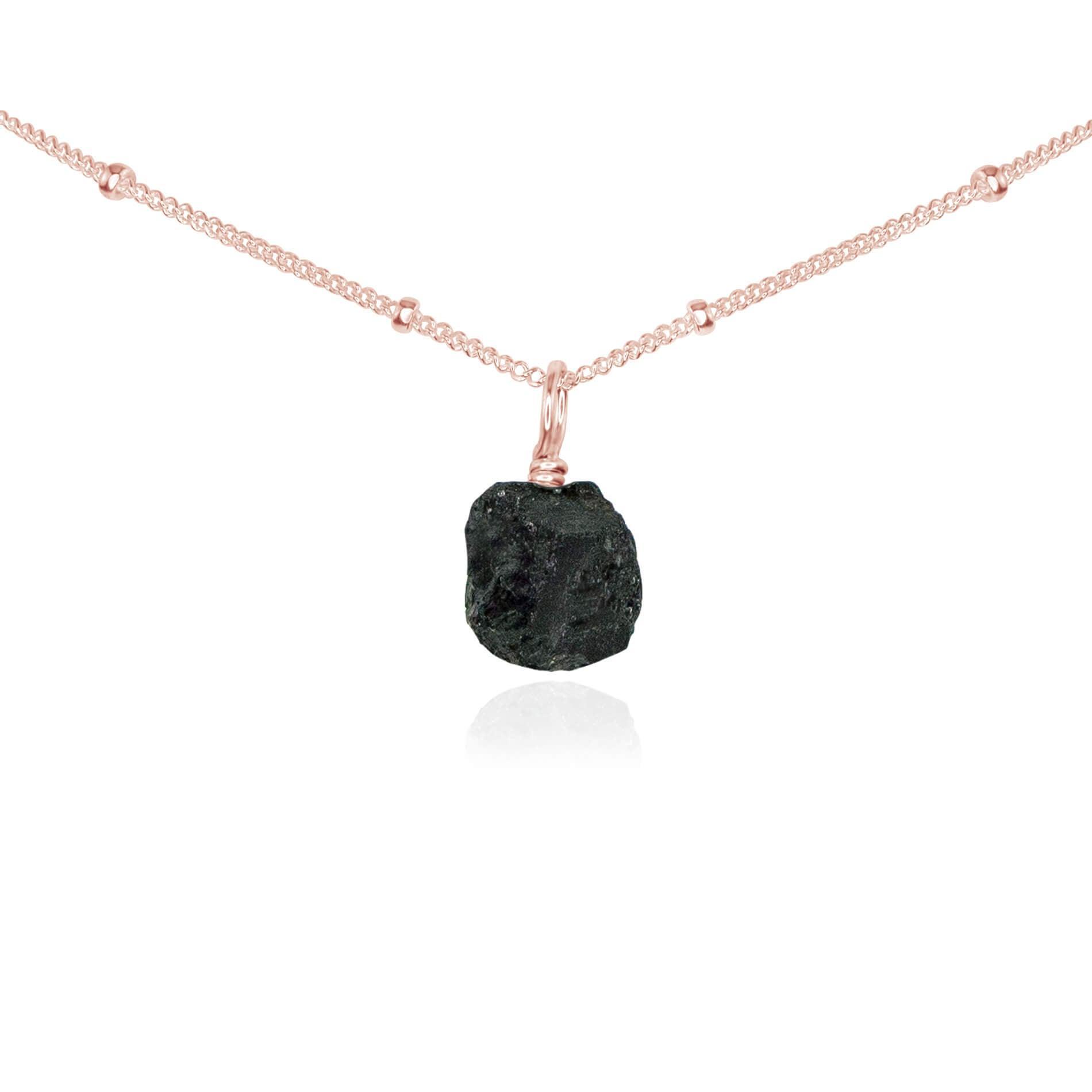 Tiny Rough Black Tourmaline Gemstone Pendant Choker - Tiny Rough Black Tourmaline Gemstone Pendant Choker - 14k Rose Gold Fill / Satellite - Luna Tide Handmade Crystal Jewellery