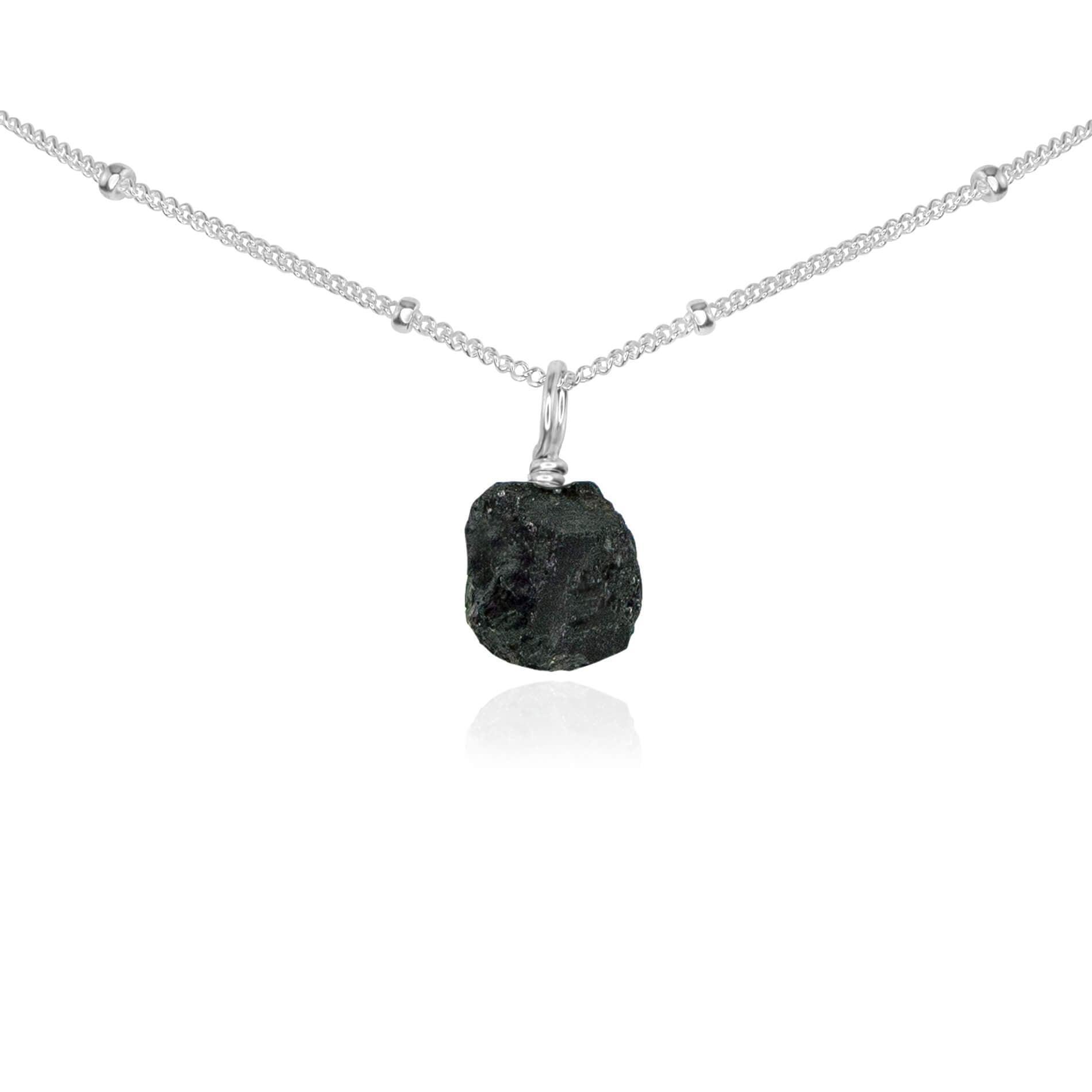 Tiny Rough Black Tourmaline Gemstone Pendant Choker - Tiny Rough Black Tourmaline Gemstone Pendant Choker - Sterling Silver / Satellite - Luna Tide Handmade Crystal Jewellery