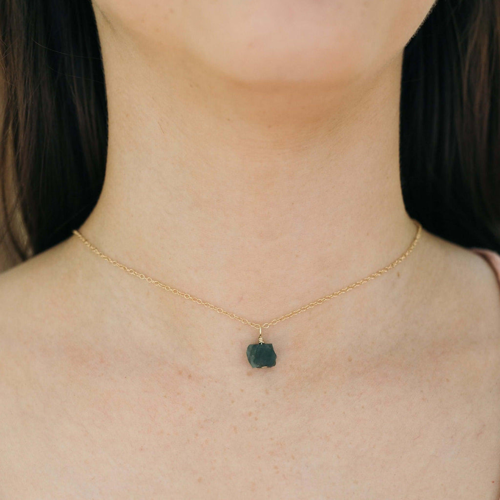 Tiny Rough Emerald Gemstone Pendant Choker - Tiny Rough Emerald Gemstone Pendant Choker - Sterling Silver / Cable - Luna Tide Handmade Crystal Jewellery