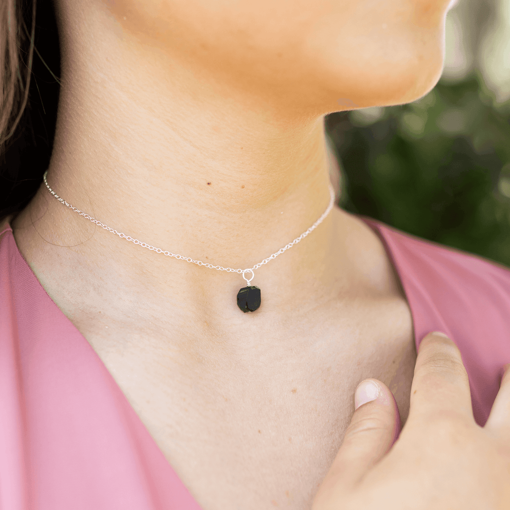 Tiny Rough Obsidian Gemstone Pendant Choker - Tiny Rough Obsidian Gemstone Pendant Choker - 14k Gold Fill / Cable - Luna Tide Handmade Crystal Jewellery