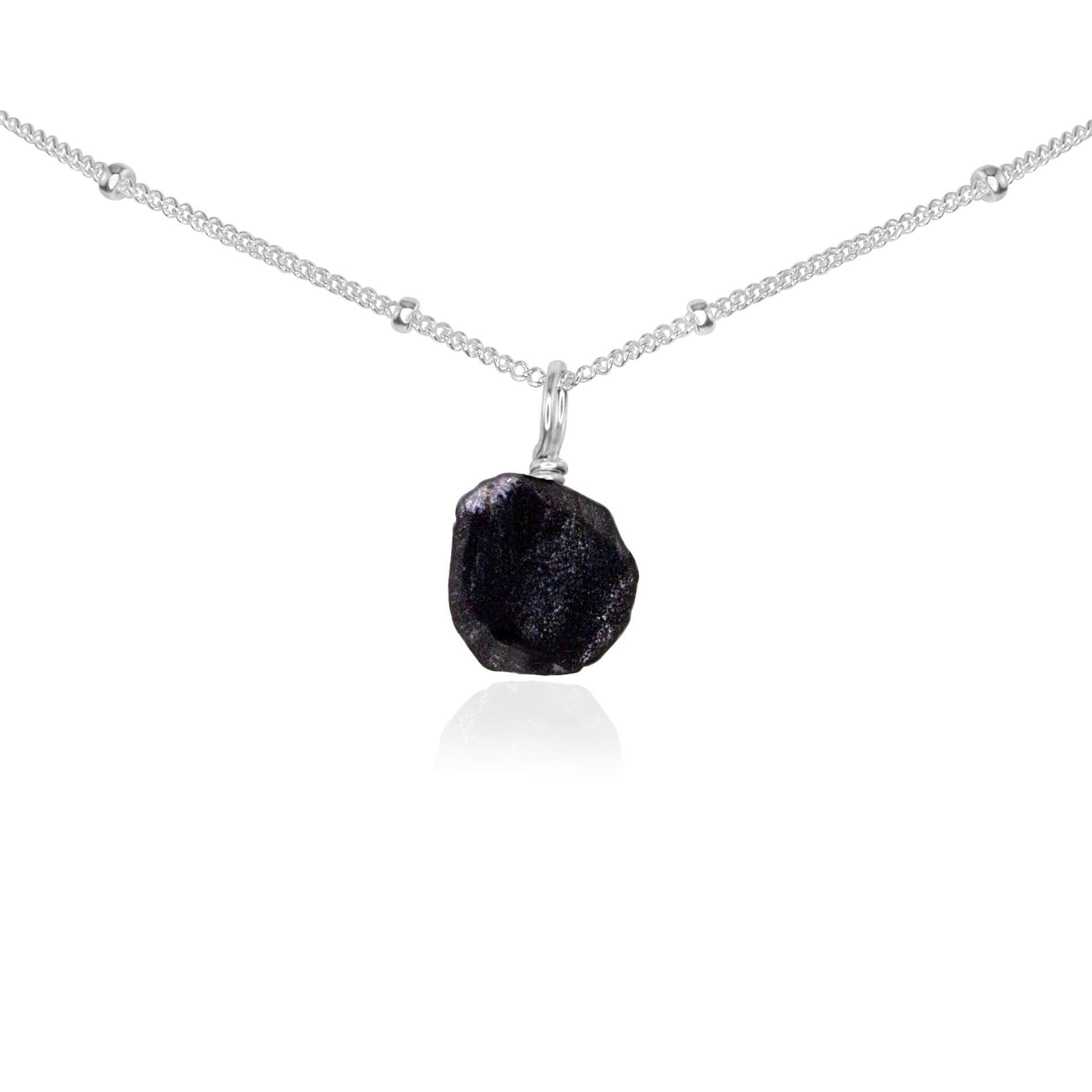 Tiny Rough Obsidian Gemstone Pendant Choker - Tiny Rough Obsidian Gemstone Pendant Choker - Sterling Silver / Satellite - Luna Tide Handmade Crystal Jewellery