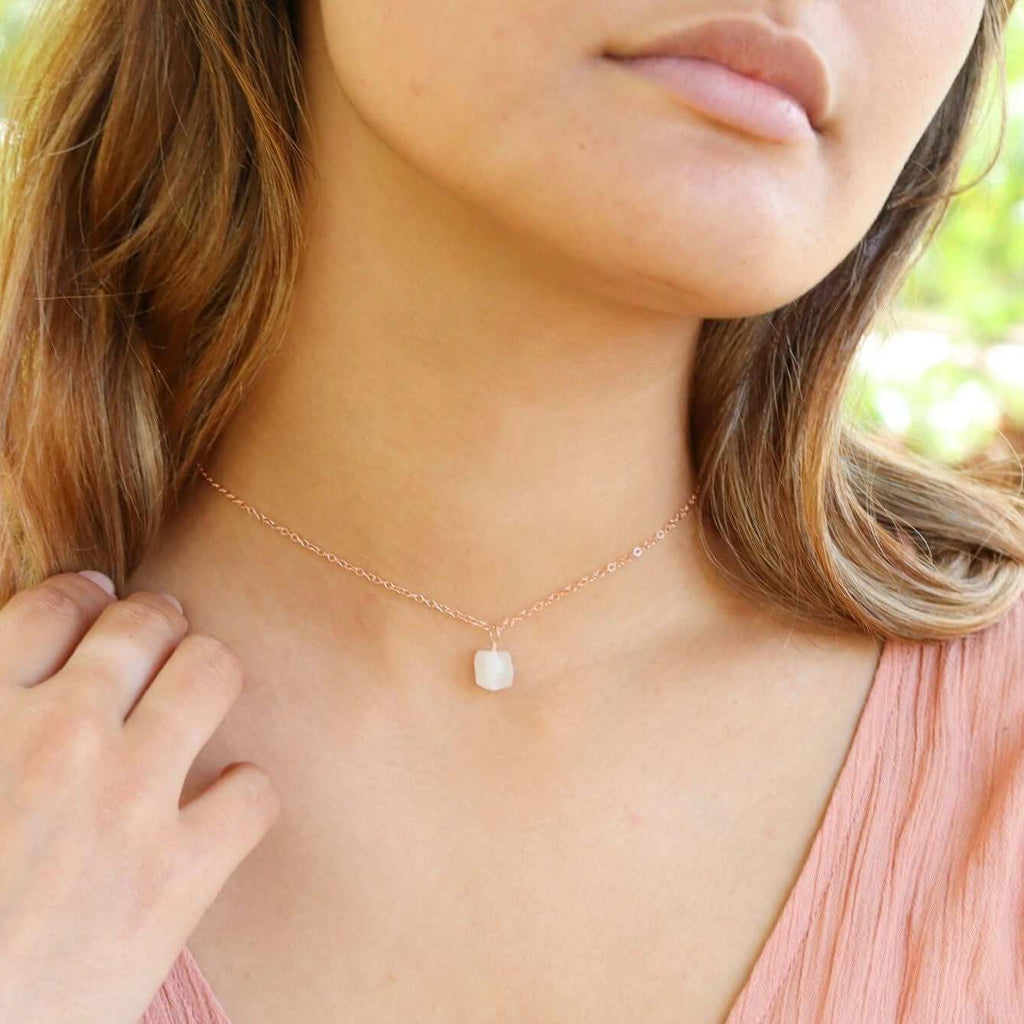 Tiny Rough Rainbow Moonstone Gemstone Pendant Choker - Tiny Rough Rainbow Moonstone Gemstone Pendant Choker - Sterling Silver / Cable - Luna Tide Handmade Crystal Jewellery