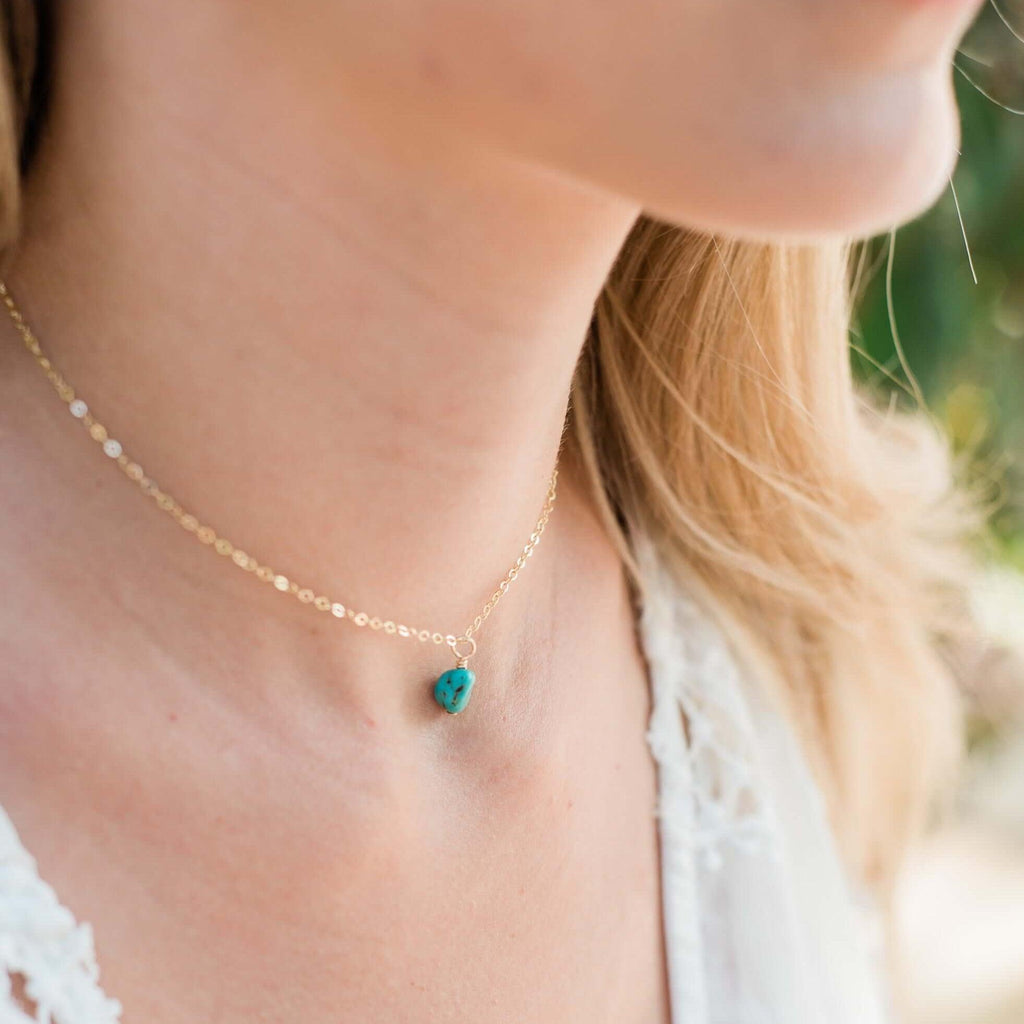 Tiny Rough Turquoise Gemstone Pendant Choker - Tiny Rough Turquoise Gemstone Pendant Choker - 14k Gold Fill / Cable - Luna Tide Handmade Crystal Jewellery