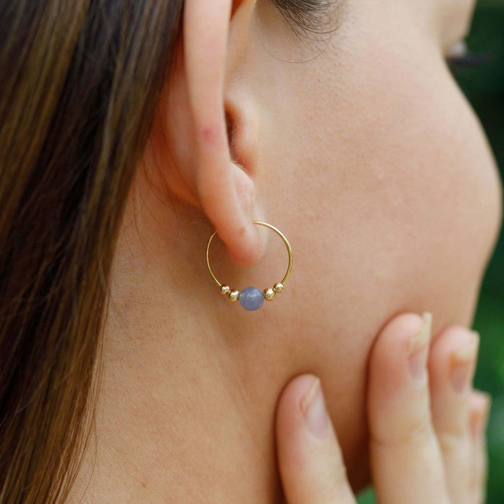 Tiny Tanzanite Gemstone Bead Hoop Earrings - Tiny Tanzanite Gemstone Bead Hoop Earrings - Sterling Silver - Luna Tide Handmade Crystal Jewellery