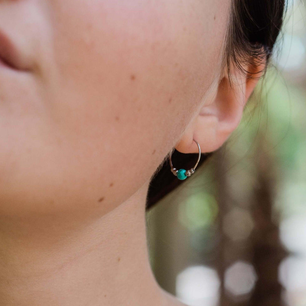 Tiny Turquoise Bead Hoop Earrings - Tiny Turquoise Bead Hoop Earrings - 14k Gold Fill - Luna Tide Handmade Crystal Jewellery