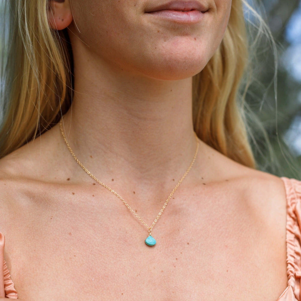 Tiny Turquoise Teardrop Crystal Necklace - Tiny Turquoise Teardrop Crystal Necklace - Sterling Silver / Cable - Luna Tide Handmade Crystal Jewellery