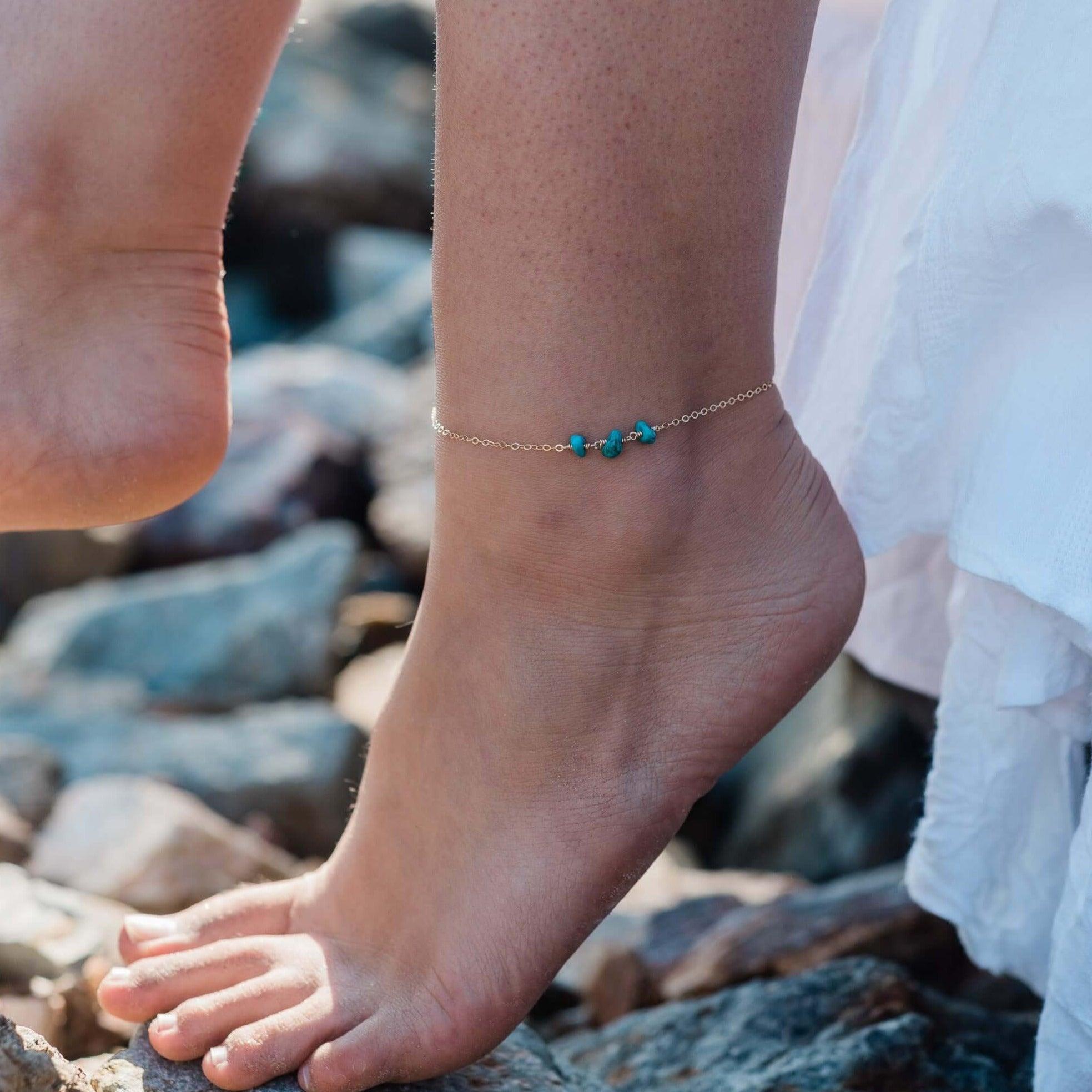 Turquoise Beaded Chain Anklet - Turquoise Beaded Chain Anklet - Sterling Silver - Luna Tide Handmade Crystal Jewellery