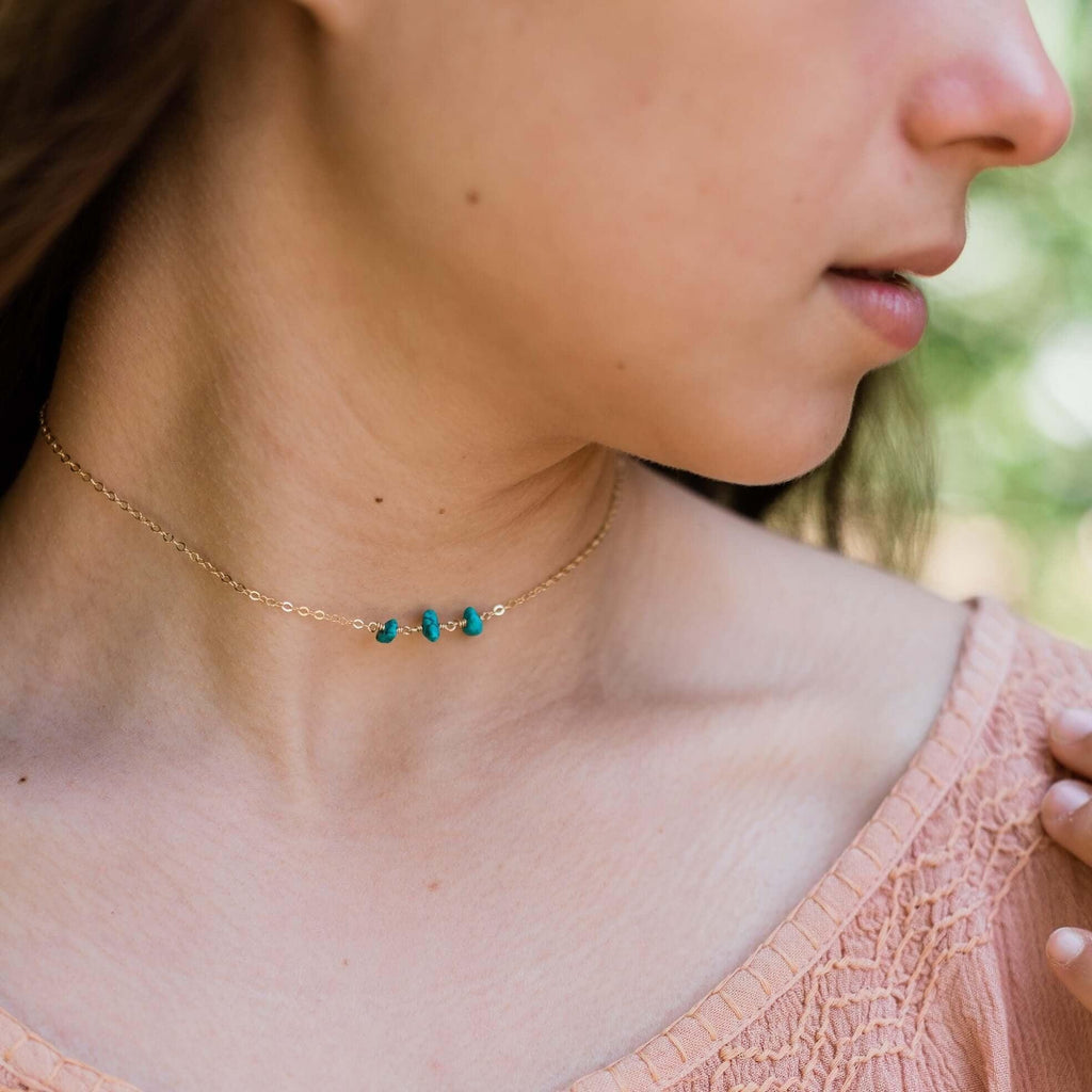 Turquoise Beaded Chain Choker Necklace - Turquoise Beaded Chain Choker Necklace - Sterling Silver - Luna Tide Handmade Crystal Jewellery