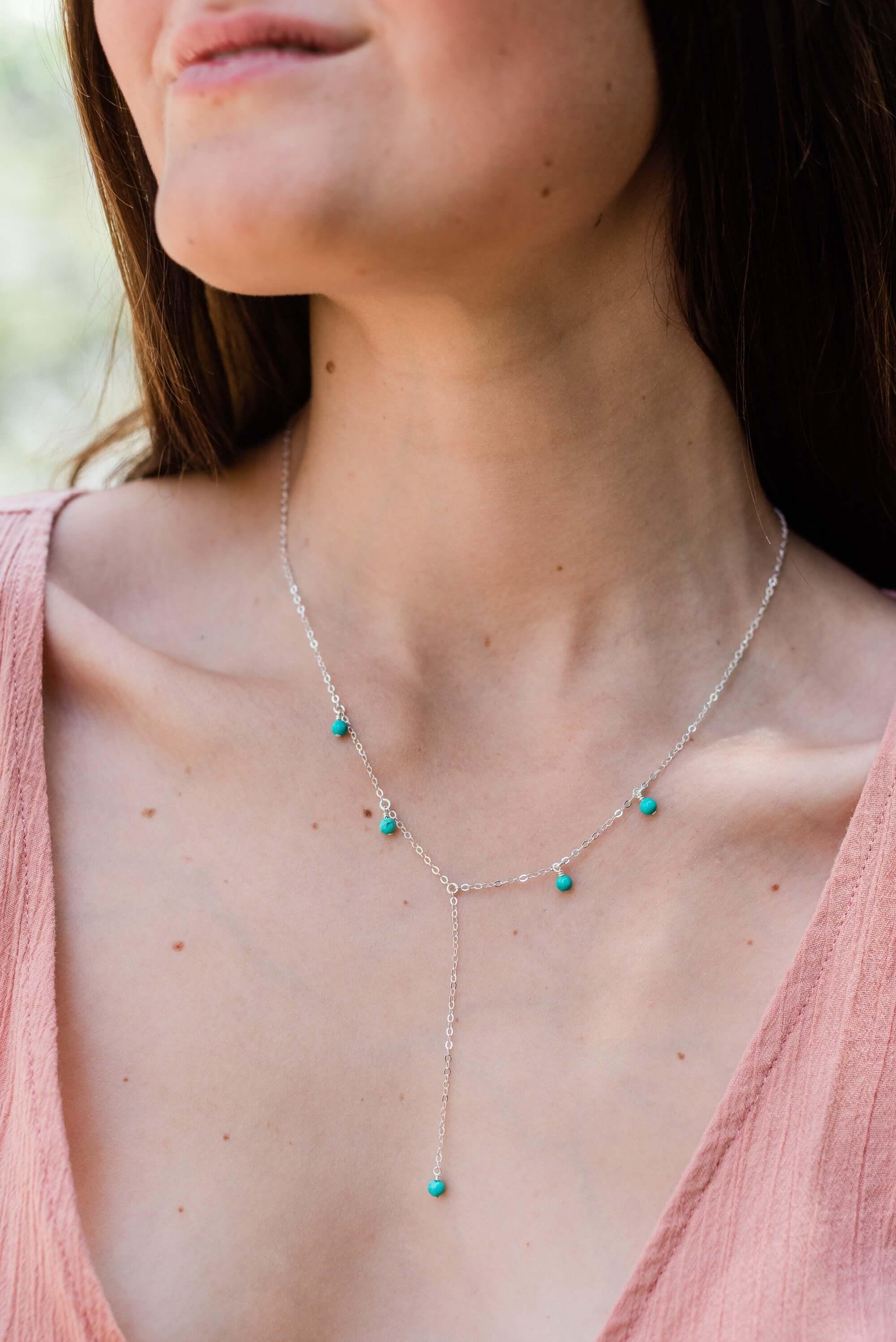 Turquoise Boho Lariat Necklace - Turquoise Boho Lariat Necklace - Sterling Silver - Luna Tide Handmade Crystal Jewellery