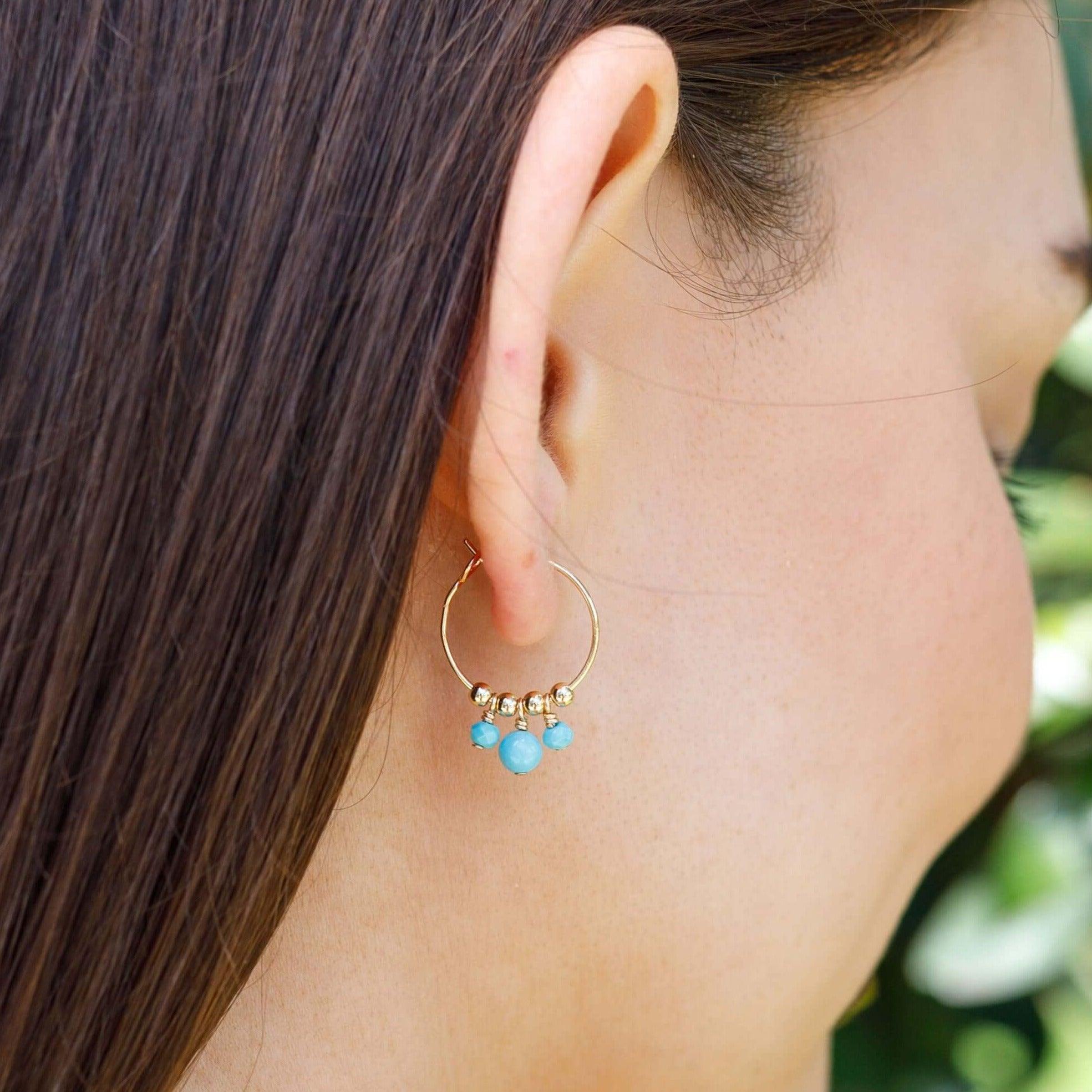 Turquoise Gemstone Bead Drop Hoop Earrings - Turquoise Gemstone Bead Drop Hoop Earrings - Sterling Silver - Luna Tide Handmade Crystal Jewellery
