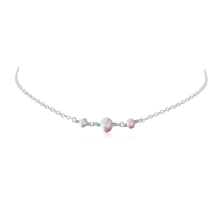 White Freshwater Pearl Beaded Chain Choker Necklace - White Freshwater Pearl Beaded Chain Choker Necklace - Sterling Silver - Luna Tide Handmade Crystal Jewellery