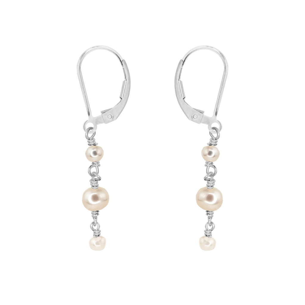 White Freshwater Pearl Crystal Beaded Chain Dangle Leverback Earrings - White Freshwater Pearl Crystal Beaded Chain Dangle Leverback Earrings - Sterling Silver - Luna Tide Handmade Crystal Jewellery