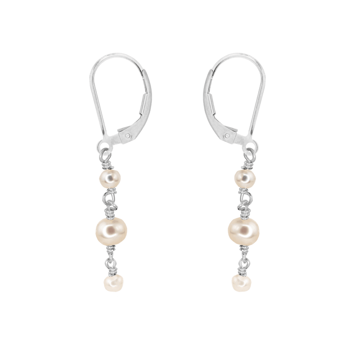 White Freshwater Pearl Crystal Beaded Chain Dangle Leverback Earrings - White Freshwater Pearl Crystal Beaded Chain Dangle Leverback Earrings - Sterling Silver - Luna Tide Handmade Crystal Jewellery