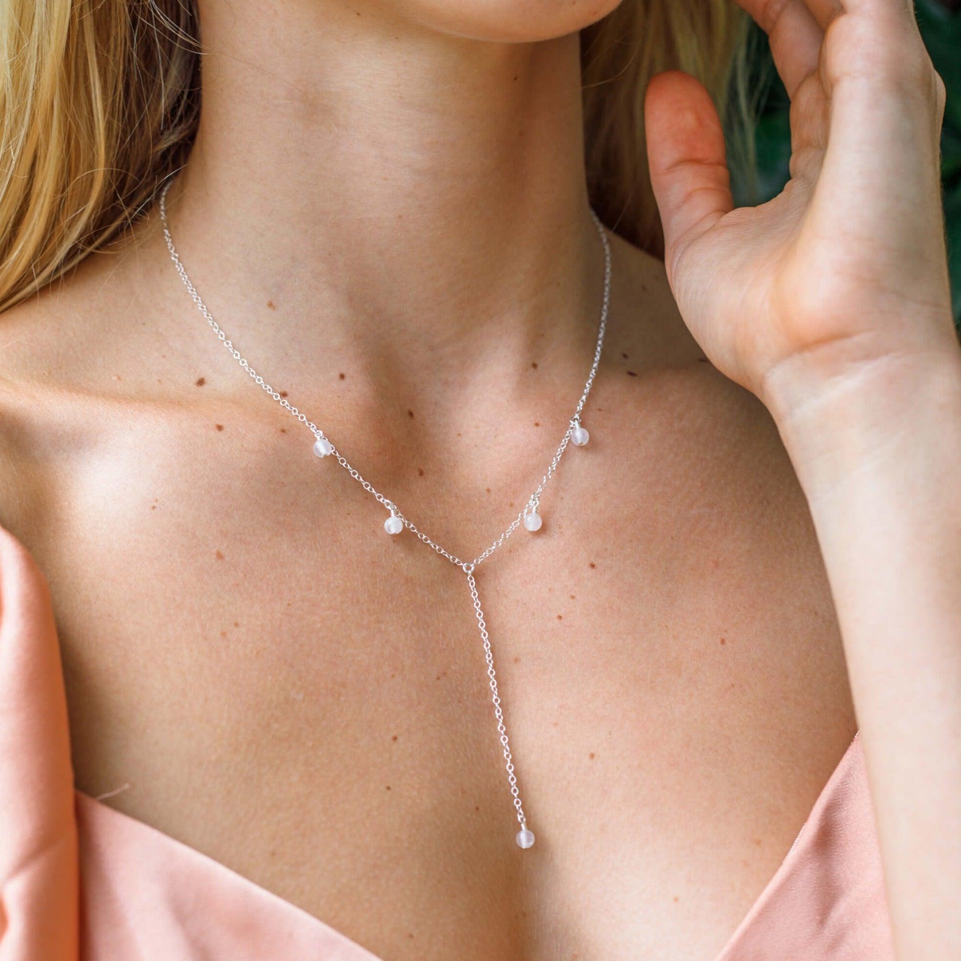 White Selenite Crystal Boho Lariat Necklace - White Selenite Crystal Boho Lariat Necklace - Sterling Silver - Luna Tide Handmade Crystal Jewellery